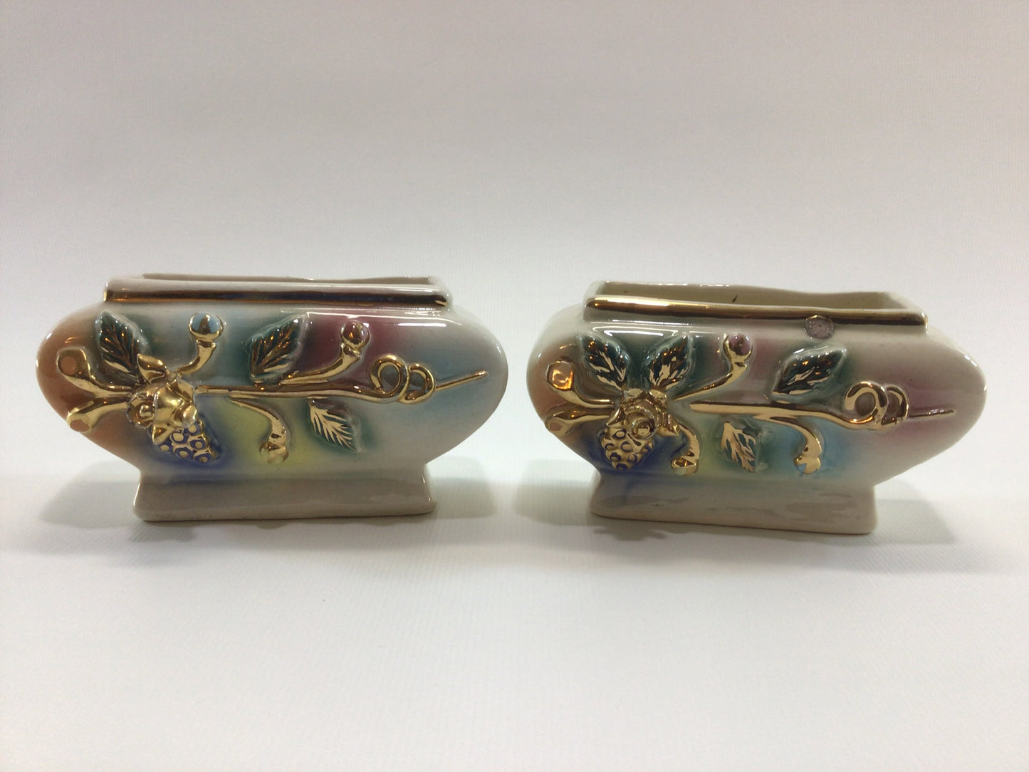 Pair of Mini Planters Mid Century Made in Japan Ceramic Kitsch Gold Applied Rose on Multi-Color Backdrop