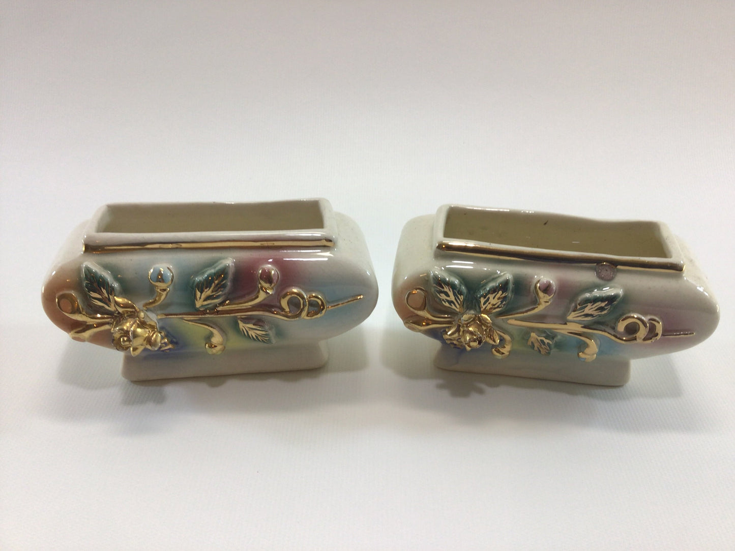 Pair of Mini Planters Mid Century Made in Japan Ceramic Kitsch Gold Applied Rose on Multi-Color Backdrop