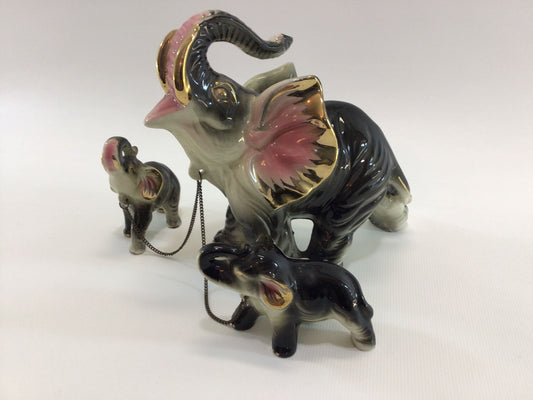 Chained Good Luck Elephants Ceramic Figurine Set Vintage Made in Japan Gold Gilt