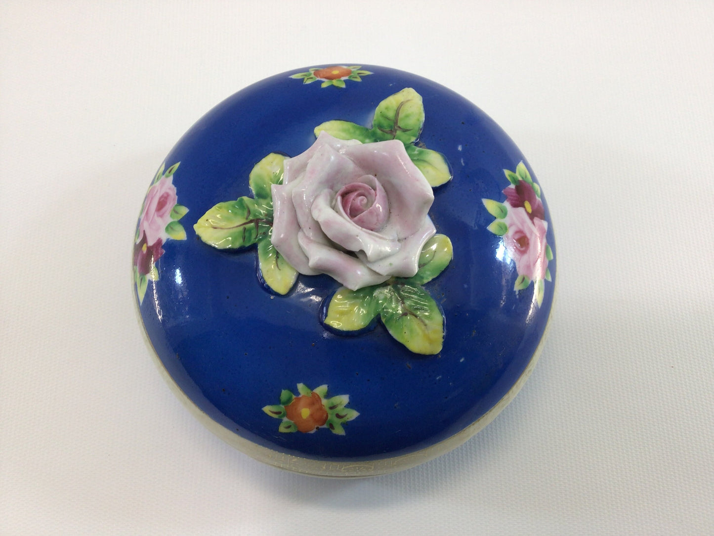 Roses Powder Box Trinket Dish Vintage Blue Ceramic Made in Japan Jewelry Casket