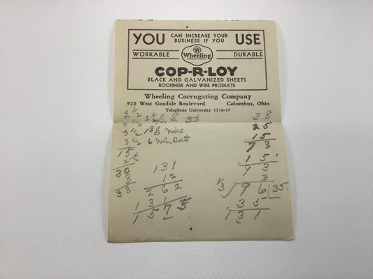 Vintage Advertising Note Sheet Wheeling Corrugating Columbus Ohio