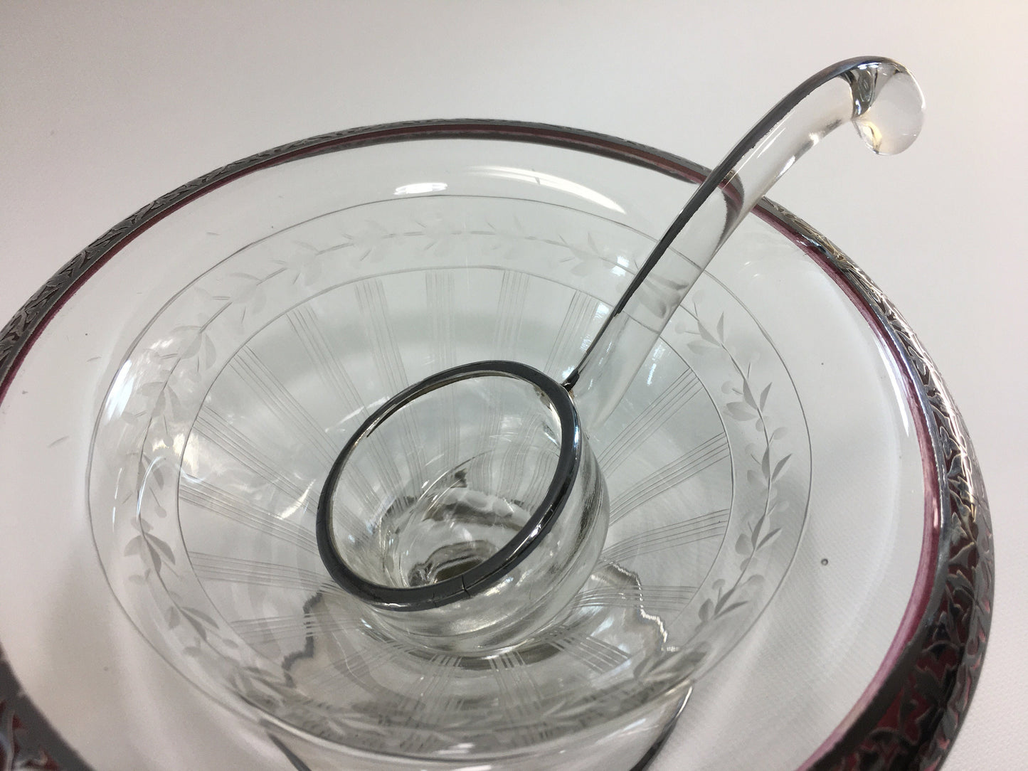 Glass and Sterling Silver Condiment Mayo Bowl with Etched Motif and Serving Spoon