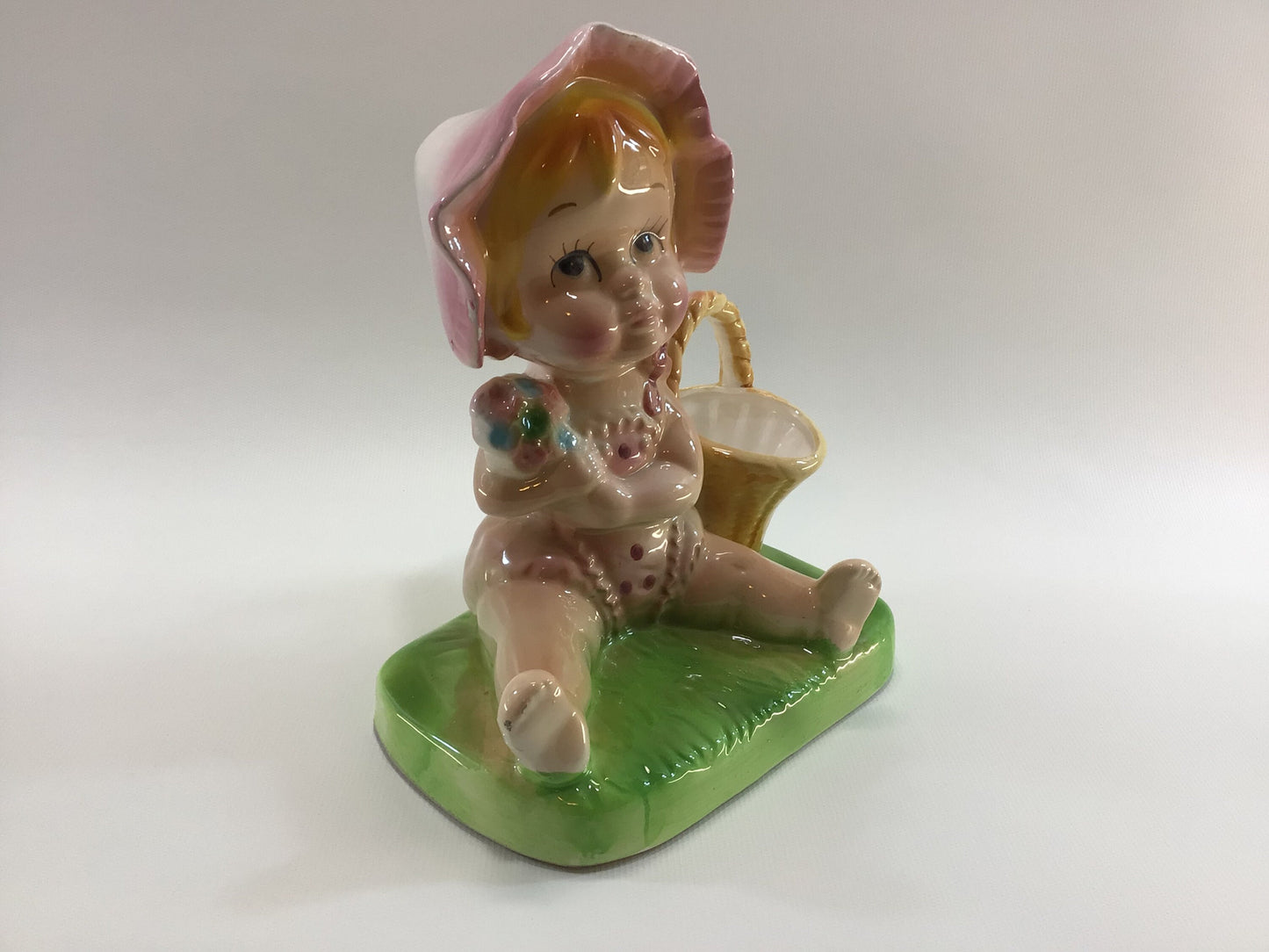 Toddler Baby Girl Picking Flowers 8" Ceramic Figurine Vintage Kitsch Made in Japan