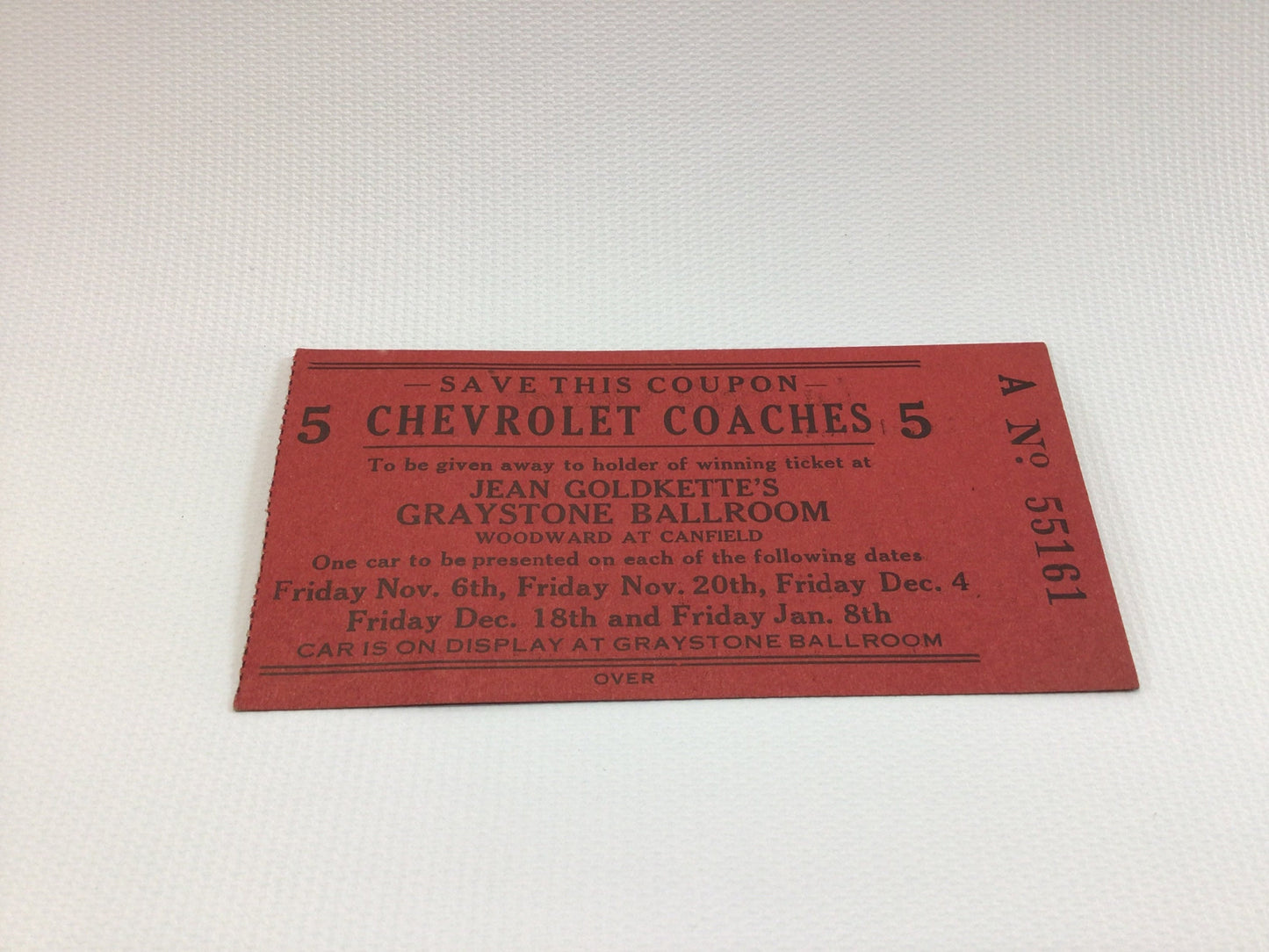 Old Raffle Ticket Advertising Chevrolet La Belle Cleaners Graystone Ballroom Vintage Ephemera Highland Park Michigan