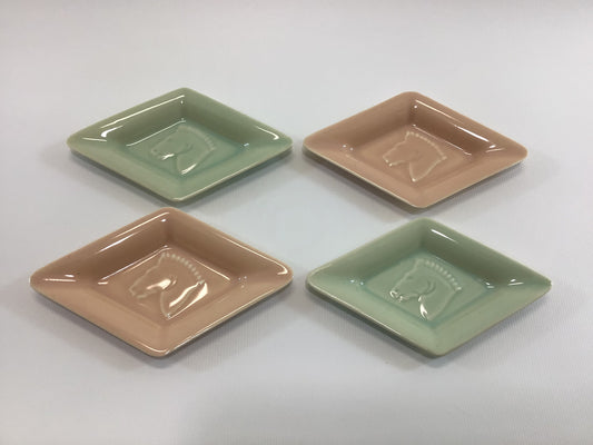 Vintage Trinket Dish Set Card Party Snack Trays Small Pink Peach and Green Vintage Ceramic Mid Century Decor Small Diamond Horse Head Design