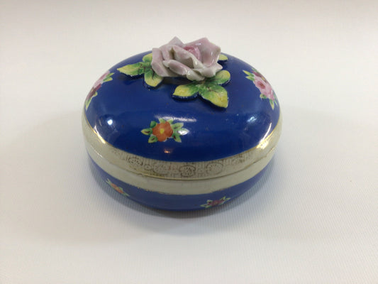 Roses Powder Box Trinket Dish Vintage Blue Ceramic Made in Japan Jewelry Casket