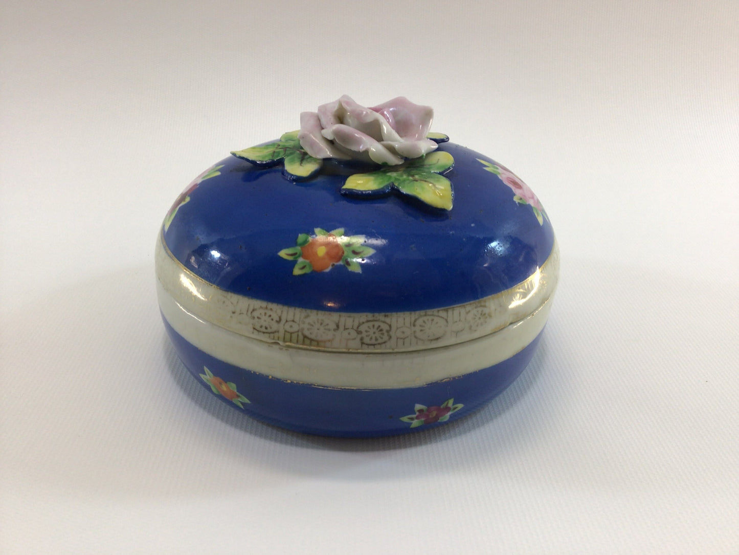 Roses Powder Box Trinket Dish Vintage Blue Ceramic Made in Japan Jewelry Casket