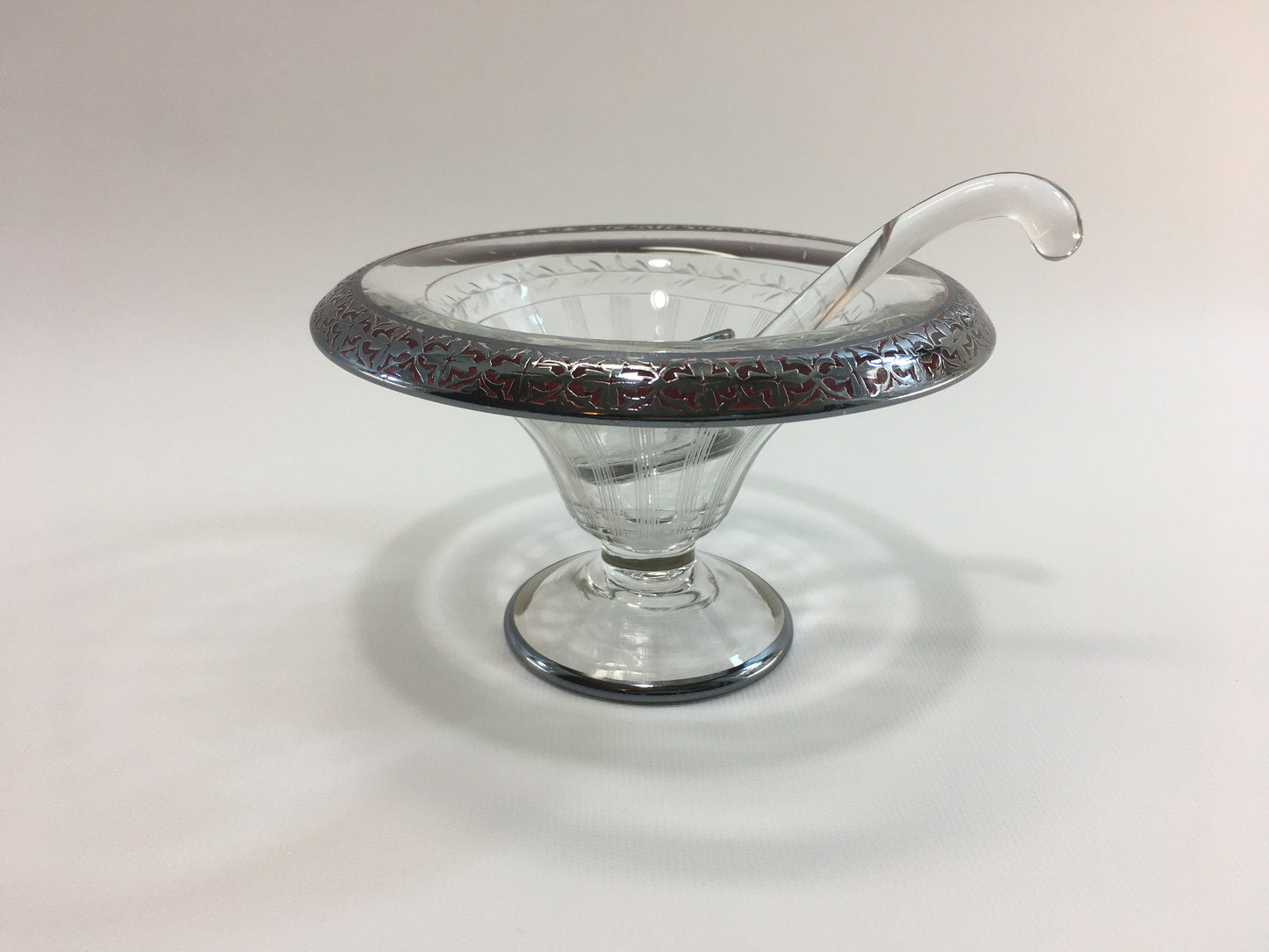 Glass and Sterling Silver Condiment Mayo Bowl with Etched Motif and Serving Spoon