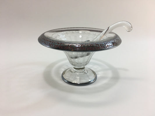 Glass and Sterling Silver Condiment Mayo Bowl with Etched Motif and Serving Spoon