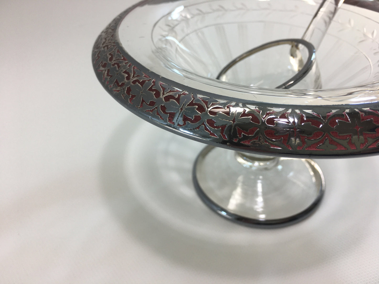 Glass and Sterling Silver Condiment Mayo Bowl with Etched Motif and Serving Spoon