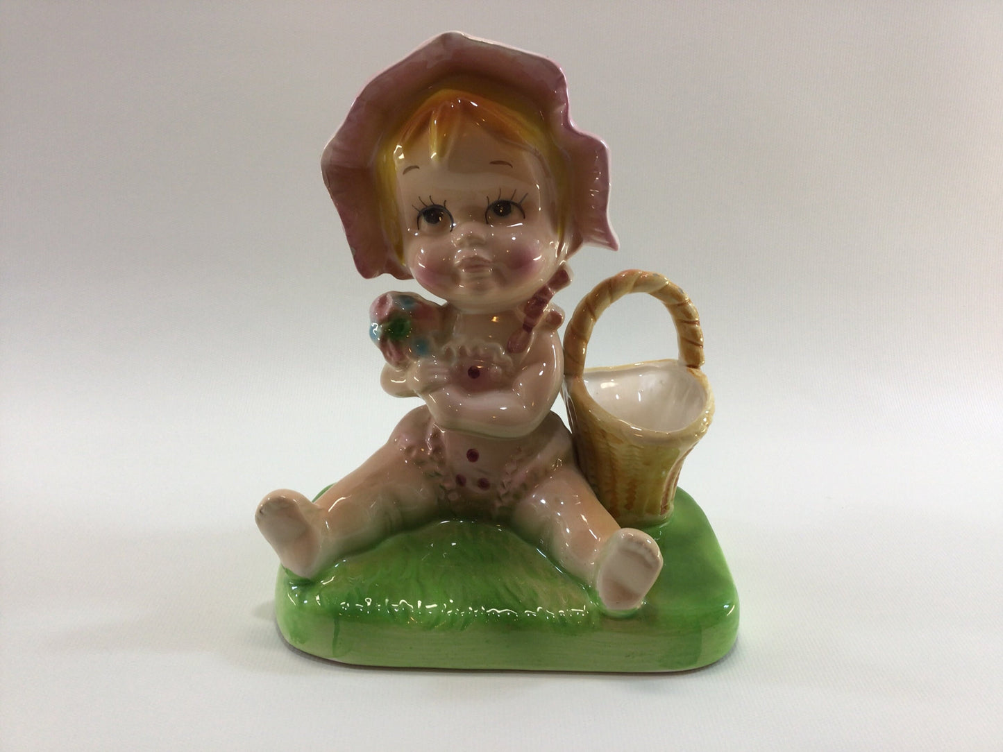 Toddler Baby Girl Picking Flowers 8" Ceramic Figurine Vintage Kitsch Made in Japan