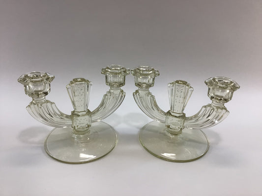 Tiffin Double Light Candlestick Holders Yellow Glass Circa 1940's