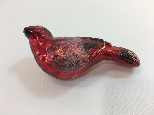 Christmas Tree Ornament Blown Glass Red Bird Metallic Finish with Iridescent Glitter Vintage Holiday Decor