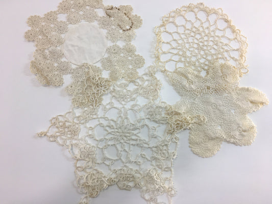 Handmade Lace Doilies White Cream Vintage Tatted Crocheted for Altered Books Slow Stitch Embellishment Fabric Journals Craft and Art Project