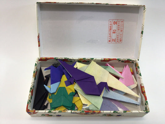 Handmade Origami Birds and Frog Vintage Japanese Ephemera 13 Piece Collection in Decorative Textured Box