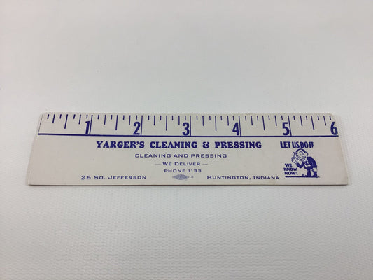 6 Inch Ruler Advertising Ink Blotter Yerger's Cleaning & Pressing Huntington Mid Century Ephemera