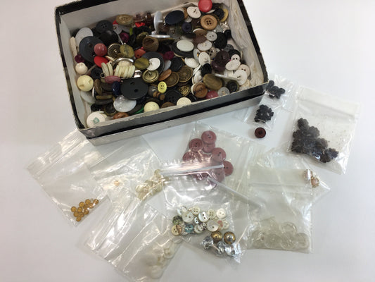 Vintage Button Collection Box of Mixed Buttons Sets Singles Color Shape and Size Varied Glass Plastic Wood Small Medium Large