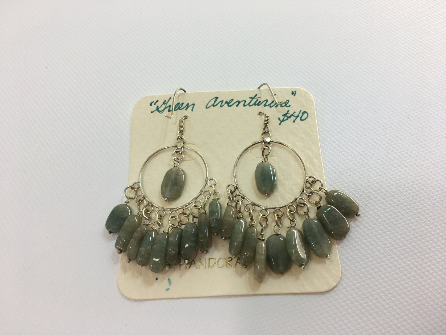 Green Aventurine Wire Earrings Silver Tone Hoop Circle Drop Dangle Real Stone Handmade Women's Fashion Accessories Retro 80's Casual