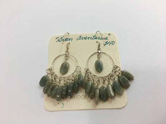 Green Aventurine Wire Earrings Silver Tone Hoop Circle Drop Dangle Real Stone Handmade Women's Fashion Accessories Retro 80's Casual