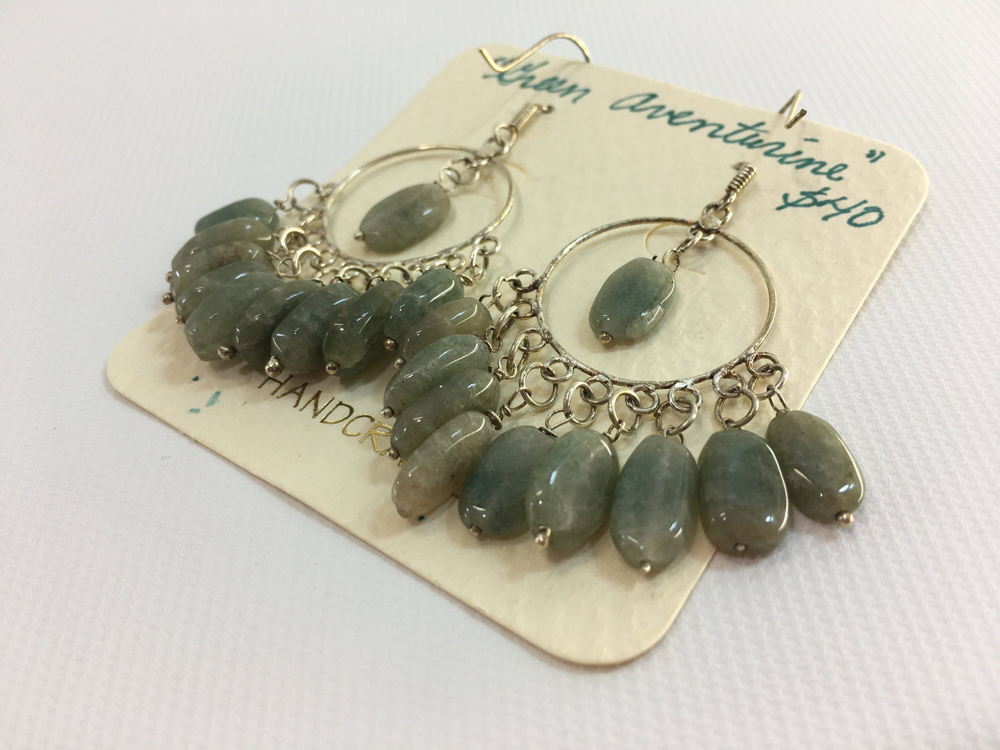 Green Aventurine Wire Earrings Silver Tone Hoop Circle Drop Dangle Real Stone Handmade Women's Fashion Accessories Retro 80's Casual