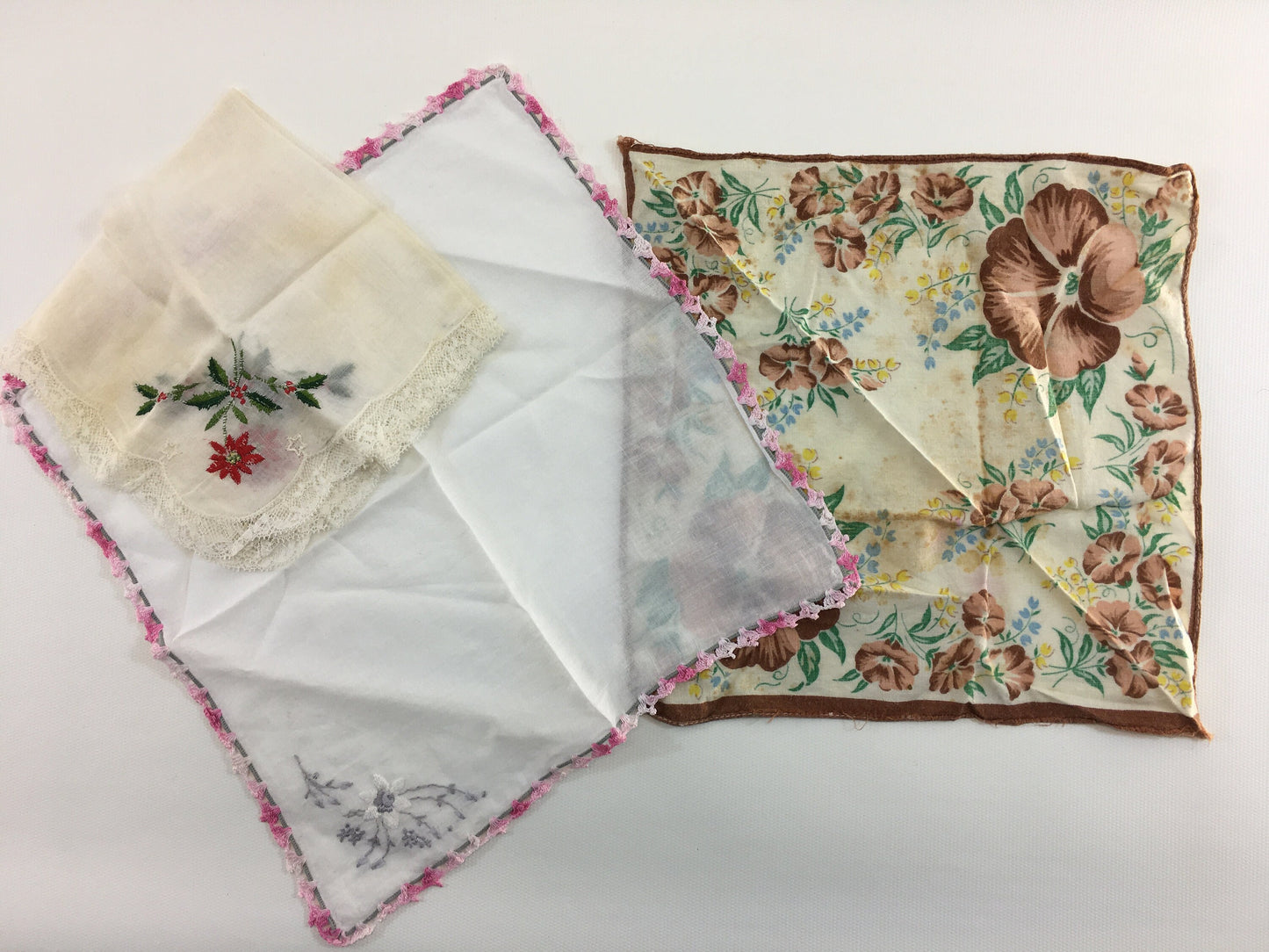 Vintage Lady's Handkerchief Lot Mixed Design Hankies for Slow Stitch Sewing Projects Christmas Poinsettia Pink Tatted Lace and Brown Flowers