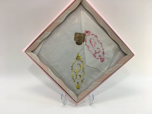 Embroidered Monogram L Hanky Set Pink White Yellow and Green on 100% Cotton Vintage Ladies Handkerchiefs With Original Packaging