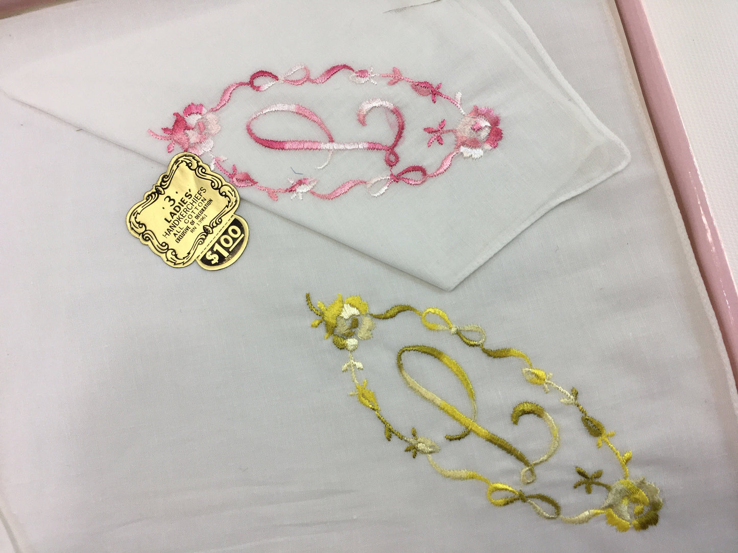 Embroidered Monogram L Hanky Set Pink White Yellow and Green on 100% Cotton Vintage Ladies Handkerchiefs With Original Packaging