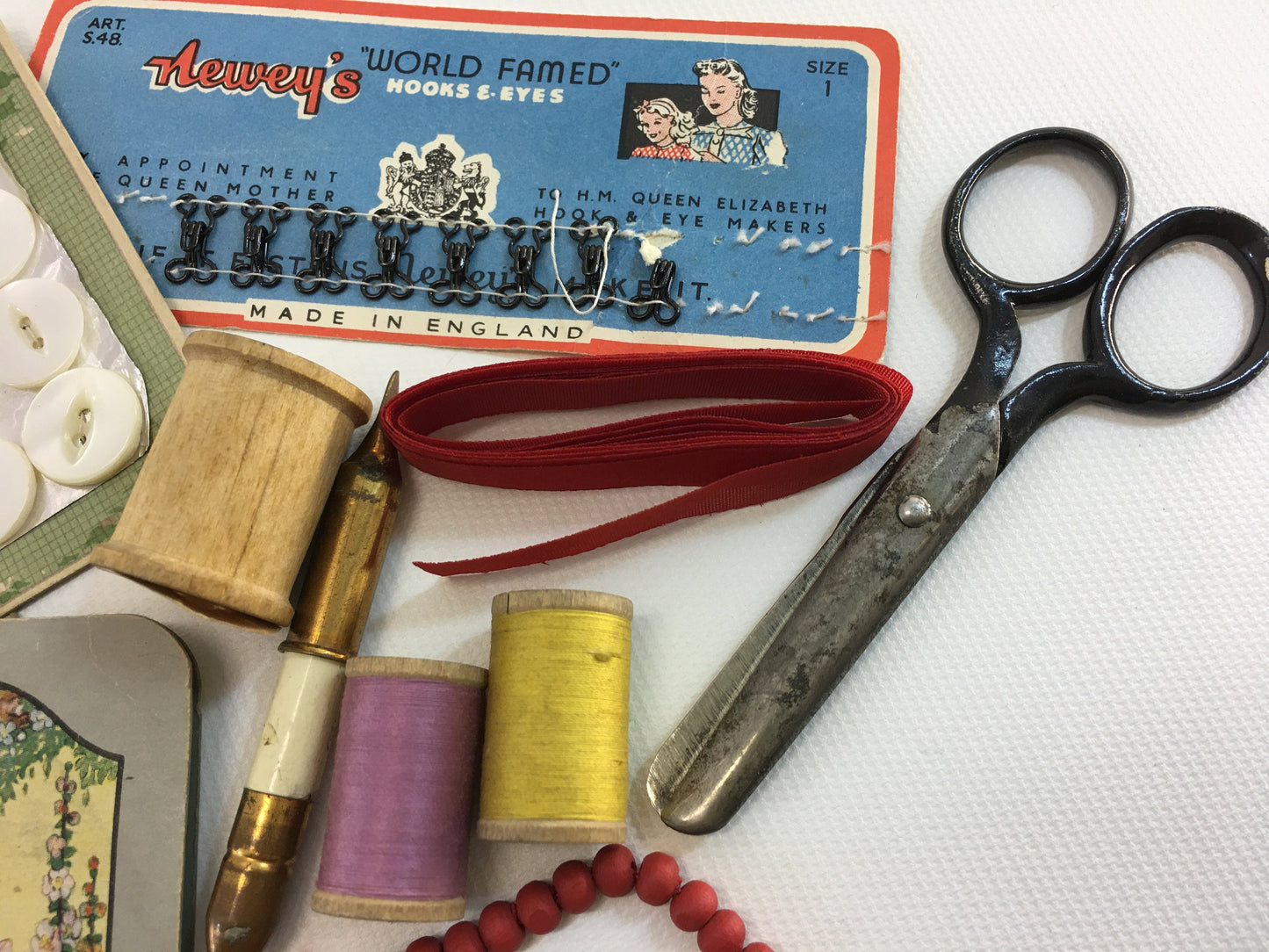 Sewing Notions Lot Vintage Buttons Needles Seam Ripper Fasteners Wood Spool Thread Slow Stitch Notions and Tools Watkins Vanilla Advertising