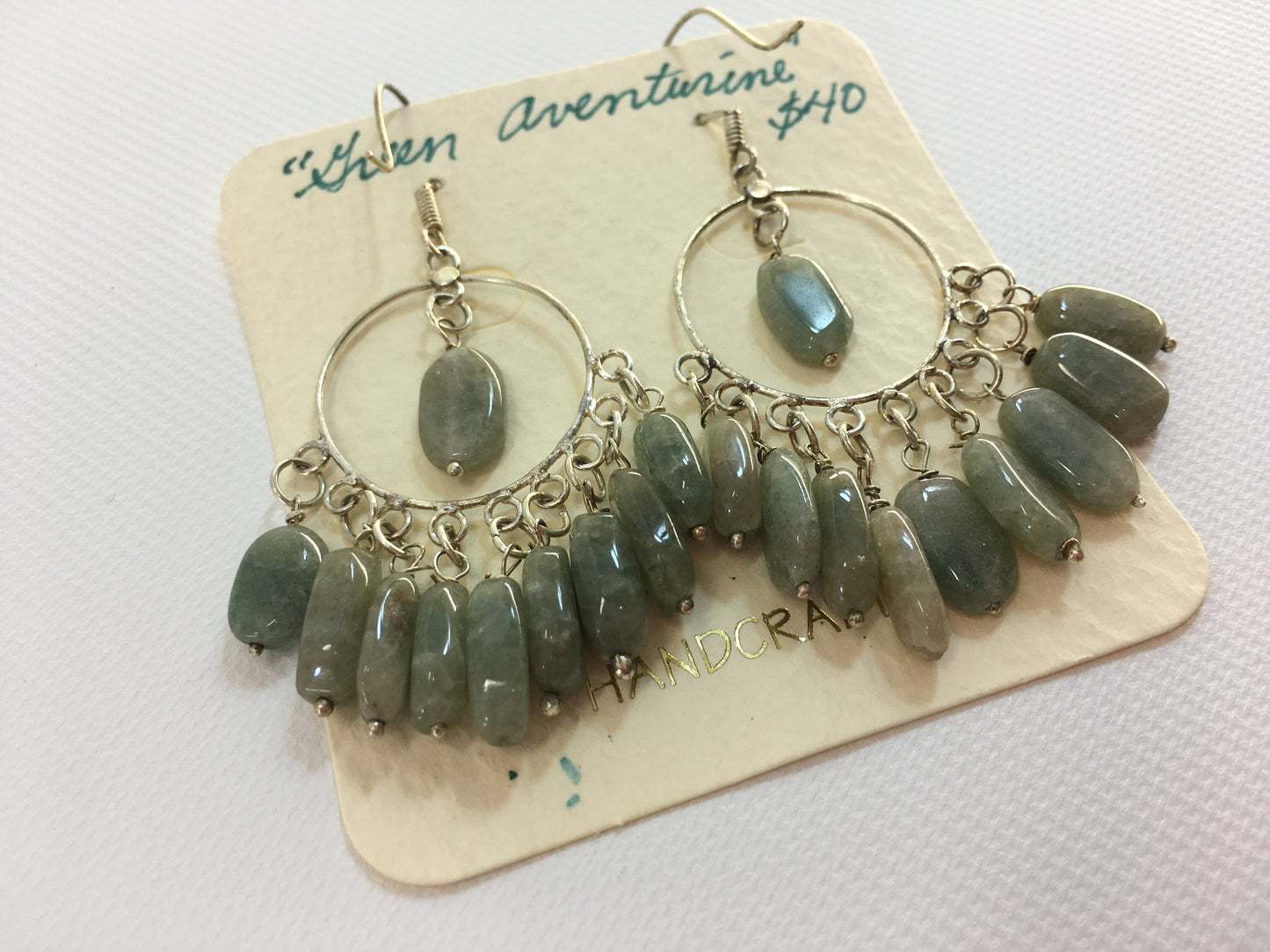 Green Aventurine Wire Earrings Silver Tone Hoop Circle Drop Dangle Real Stone Handmade Women's Fashion Accessories Retro 80's Casual