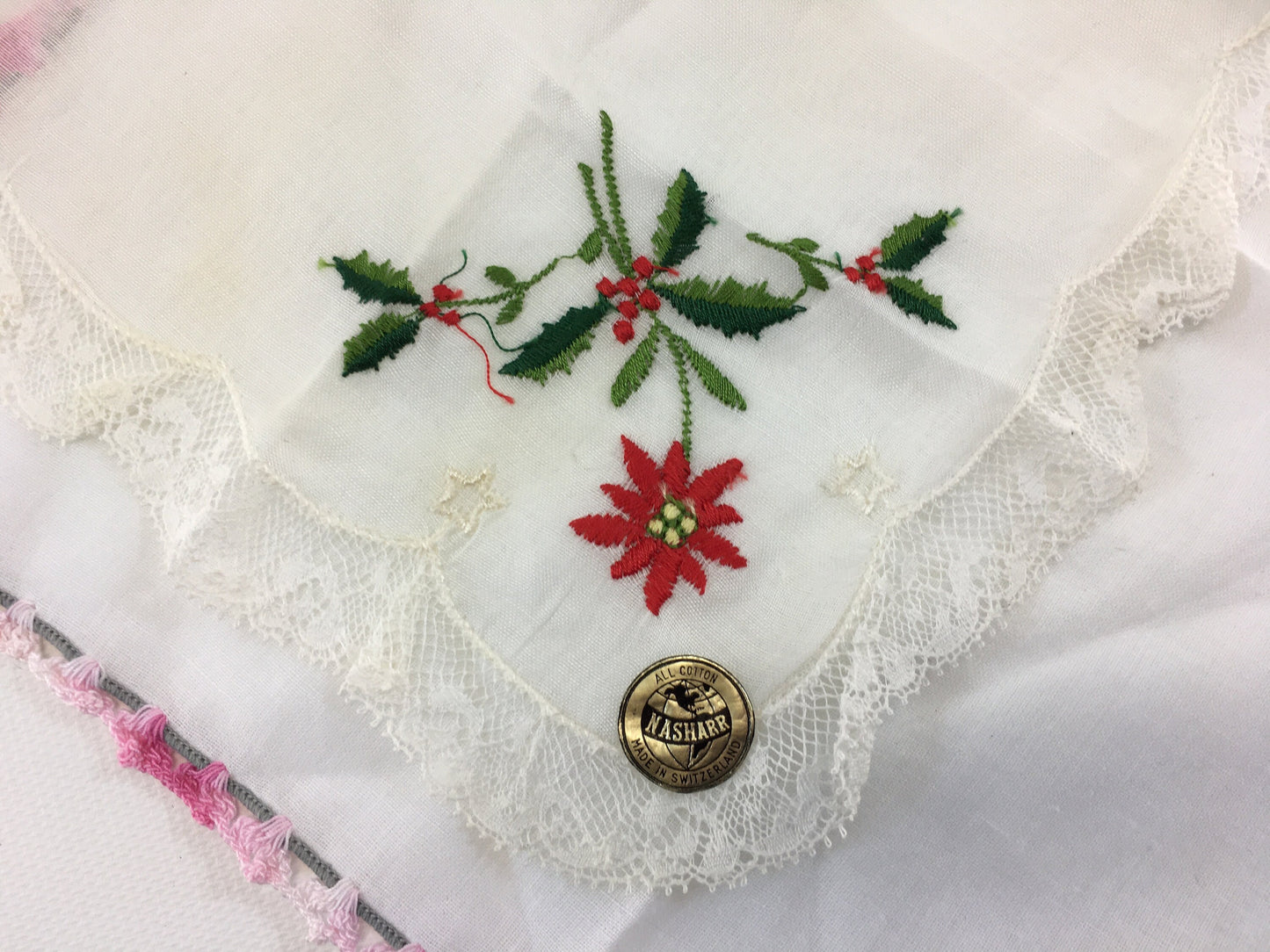 Vintage Lady's Handkerchief Lot Mixed Design Hankies for Slow Stitch Sewing Projects Christmas Poinsettia Pink Tatted Lace and Brown Flowers