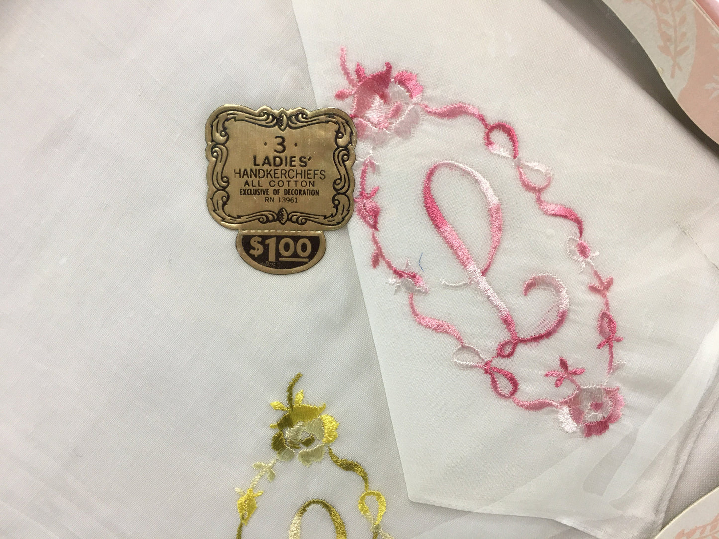 Embroidered Monogram L Hanky Set Pink White Yellow and Green on 100% Cotton Vintage Ladies Handkerchiefs With Original Packaging