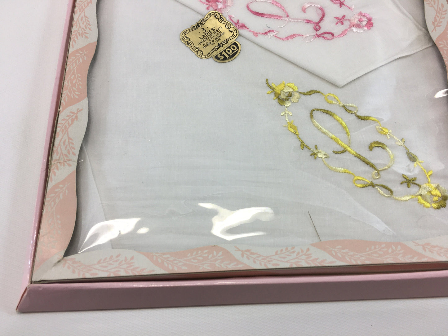 Embroidered Monogram L Hanky Set Pink White Yellow and Green on 100% Cotton Vintage Ladies Handkerchiefs With Original Packaging