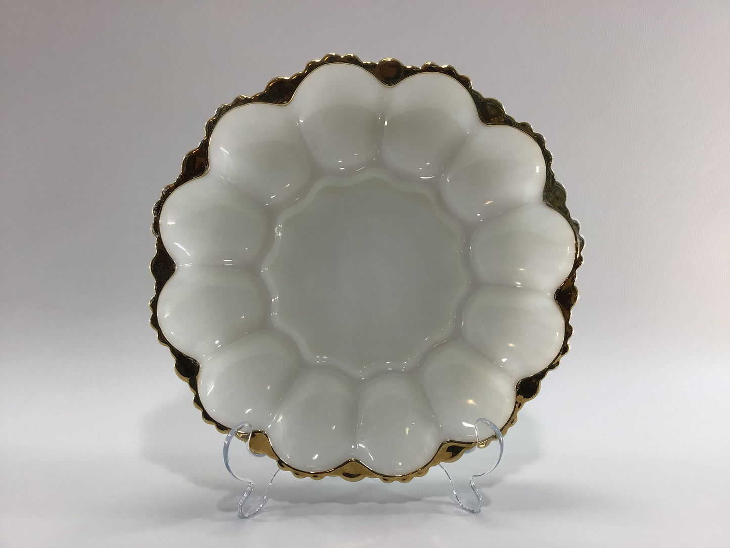 Anchor Hocking Milk Glass Egg Plate Dish with 22K Gold Gilt Vintage Replacement Piece