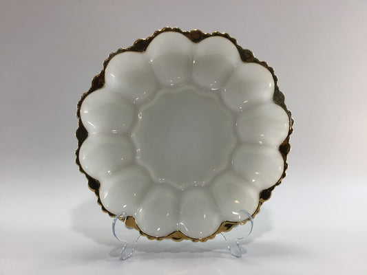 Anchor Hocking Milk Glass Egg Plate Dish with 22K Gold Gilt Vintage Replacement Piece