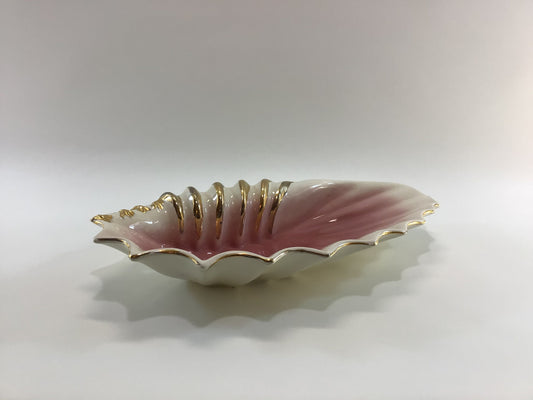 Mid Century 14" Seashell Dish Ceramic White Pink with Gold Paint Highlights