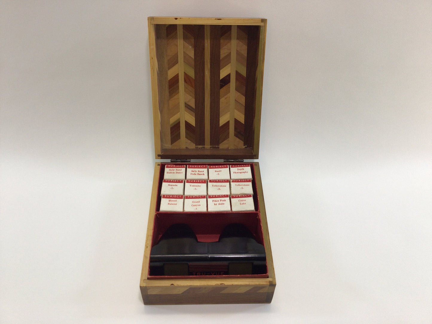 Stereoscope Viewer Sawyer's Tru-Vue with 12 Films in Segmented Wood Presentation Box