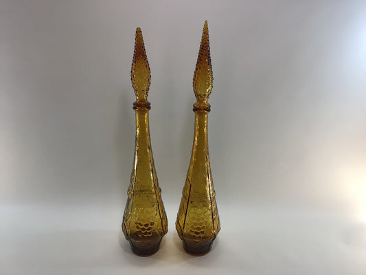 Vintage Genie Bottle Set Pair of Empoli Italian Art Glass 22" Decanter Bottles Amber Color Mid Century Home Decor