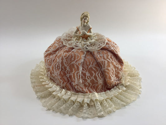 Porcelain Victorian Woman Half Doll Pincushion Peach Dress Vintage Sewing Notion