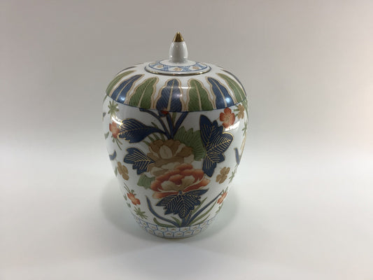 WBI Ginger Jar With Lid Vintage Porcelain Pottery Asian Chinese Peach Blue Floral Flower Motif  Home Table Shelf Decor