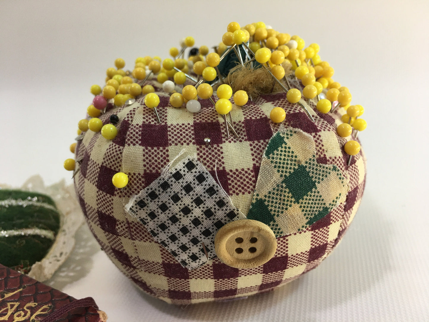 Pincushions Needle Case Lot Large Appliqued Apple with Pins Small Round Trimmed in Eyelet Lace and Needle Book