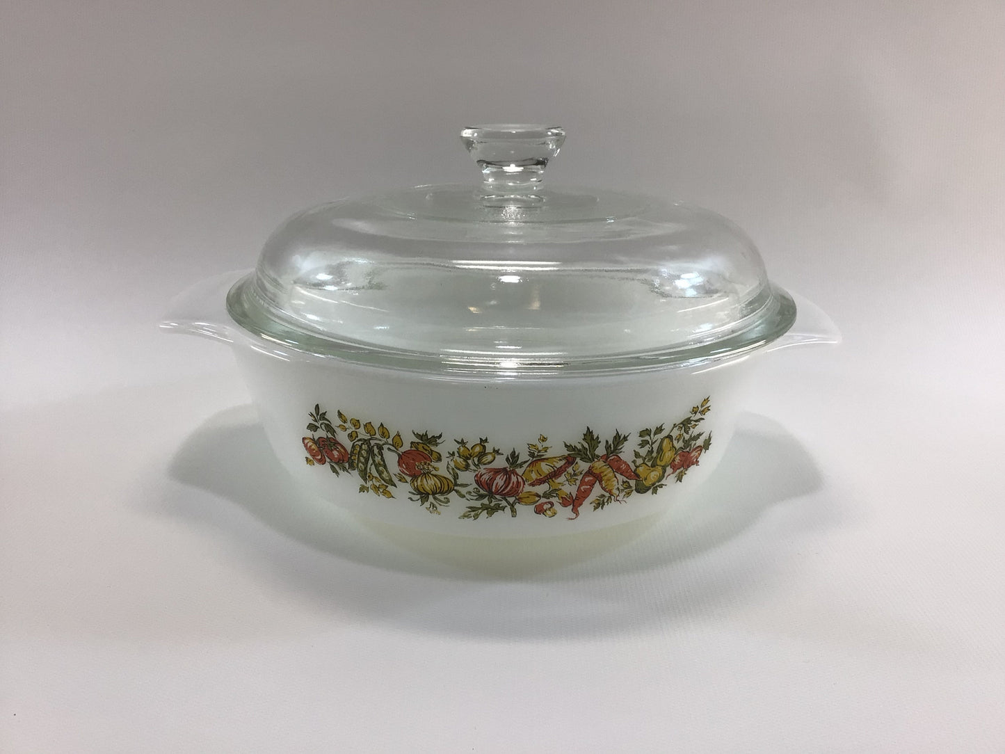 Vintage Anchor Hocking 1 qt Casserole Dish Vegetable Harvest Pattern with Lid