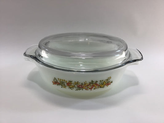 Vintage Anchor Hocking 1 1/2 qt Casserole Dish Vegetable Harvest Pattern with Lid