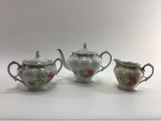 Vintage Teapot Sugar Creamer Set Porcelain with Applied Pink and White Roses Cottagecore Home Decor