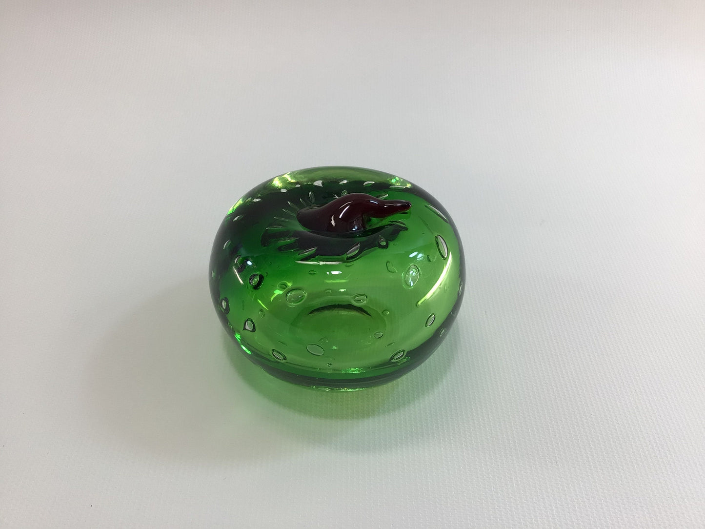 Vintage Green Apple Glass Paperweight with Controlled Bubbles