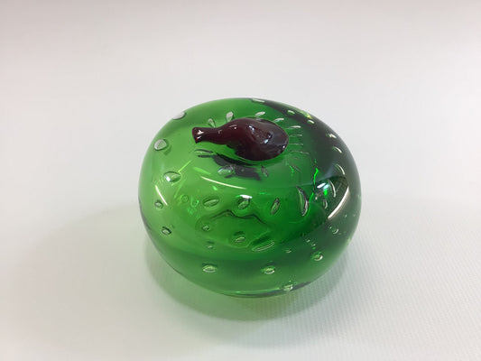 Vintage Green Apple Glass Paperweight with Controlled Bubbles