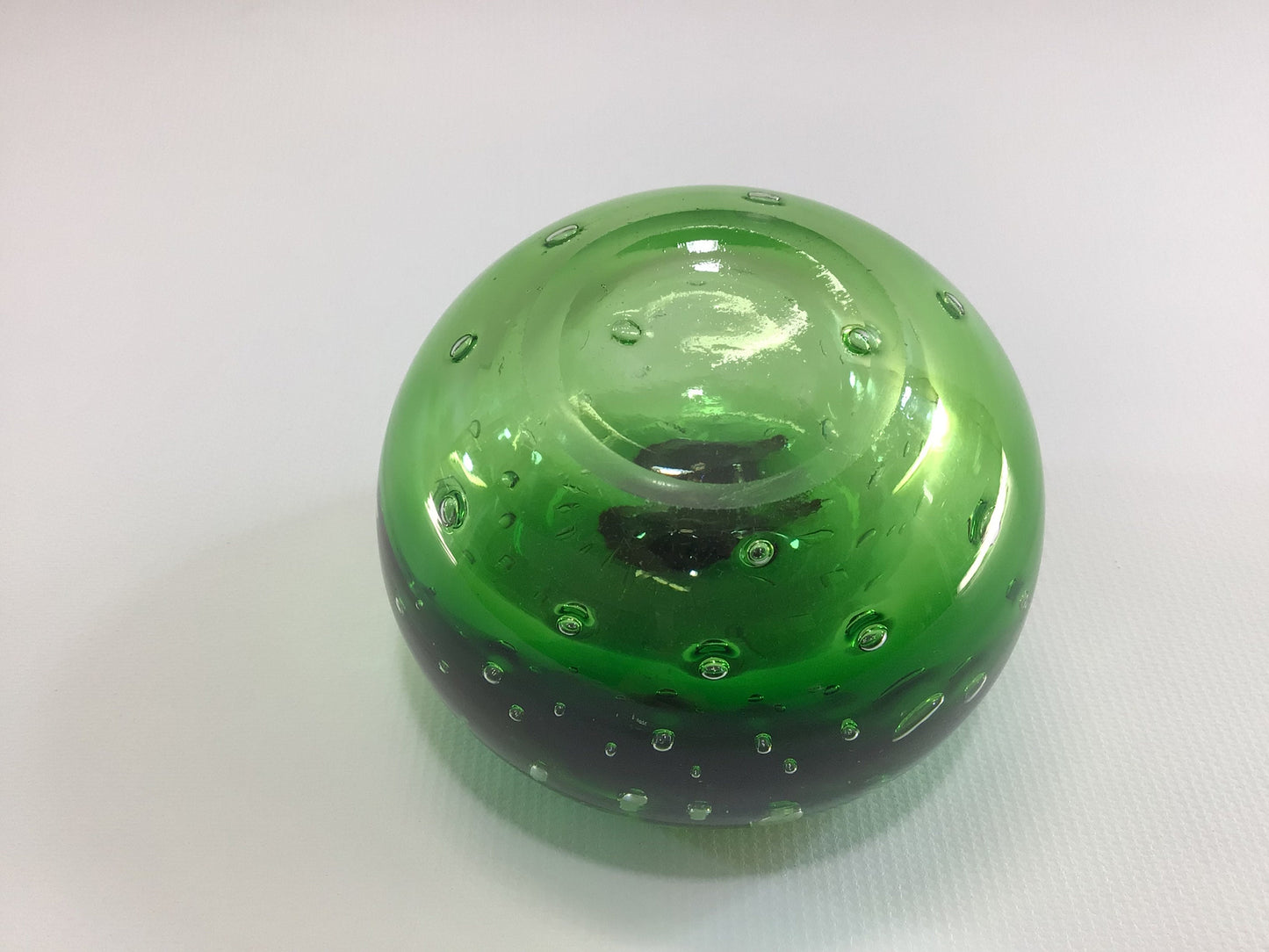 Vintage Green Apple Glass Paperweight with Controlled Bubbles