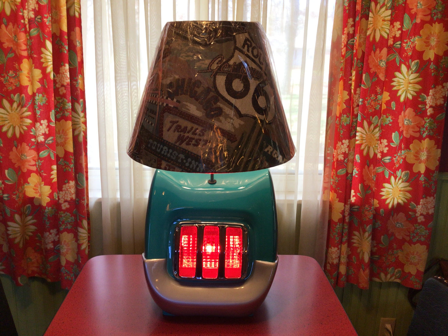 Turquoise 65 66 Tail Light Table Lamp Vintage Wheel Unique Brand with 12" Route 66 Lamp Shade Muscle Car Accent Lighting Home Decor