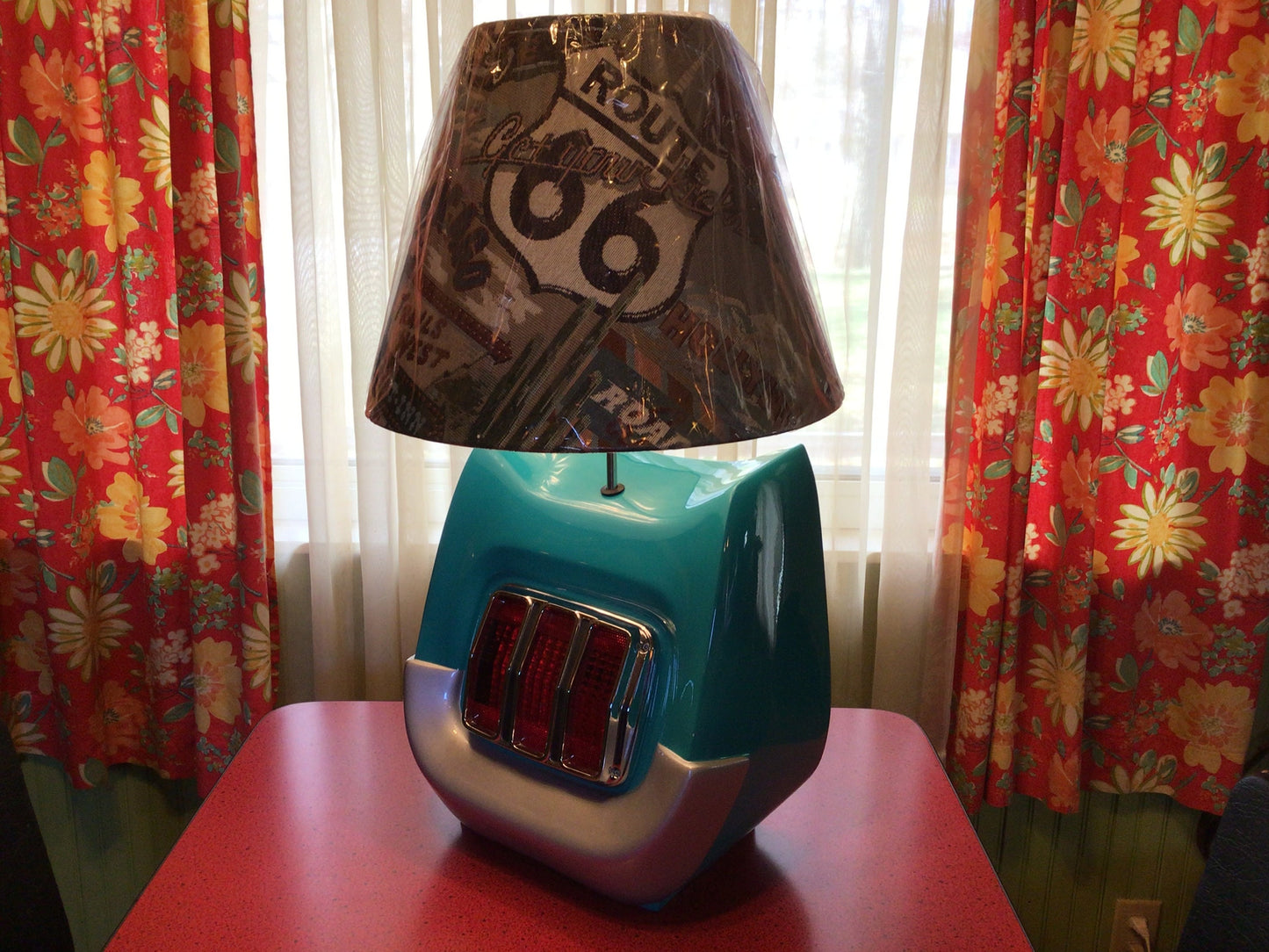 Turquoise 65 66 Tail Light Table Lamp Vintage Wheel Unique Brand with 12" Route 66 Lamp Shade Muscle Car Accent Lighting Home Decor