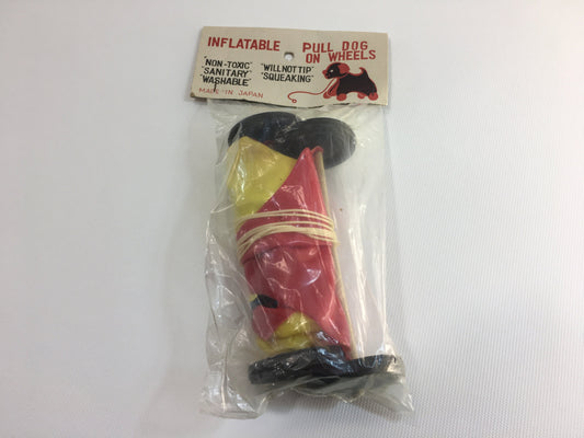 Vintage Pull Dog Toy Inflatable Plastic Red Yellow Toddler Pretend Companion Squeaking Floppy Ears Black Wheels Washable Original Package