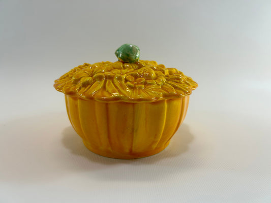 Vintage Ceramic Serving Dish 5" Pumpkin Squash Color with Floral Relief Lid Made in Japan Kitschy Kitchen Decor